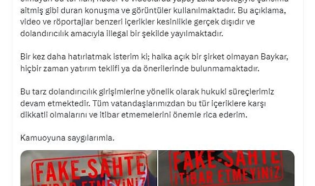 Baykar Yönetim Kurulu Başkanı Selçuk Bayraktar'dan dolandırıcılık uyarısı