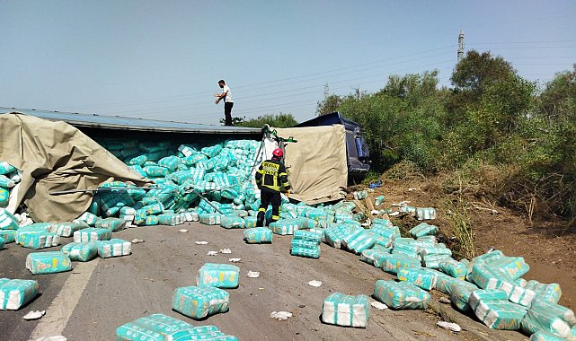 Çocuk bezi yüklü tır devrildi