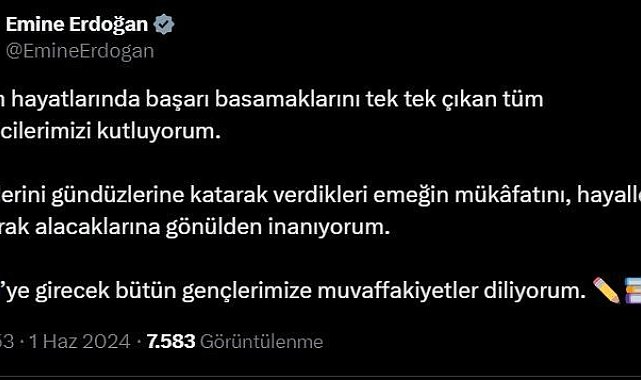 Emine Erdoğan, LGS'ye girecek öğrencilere başarı diledi