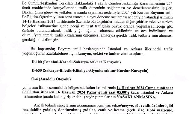 Kamyon, çekici ve tanker cinsi araçlara 1 günlük yasak