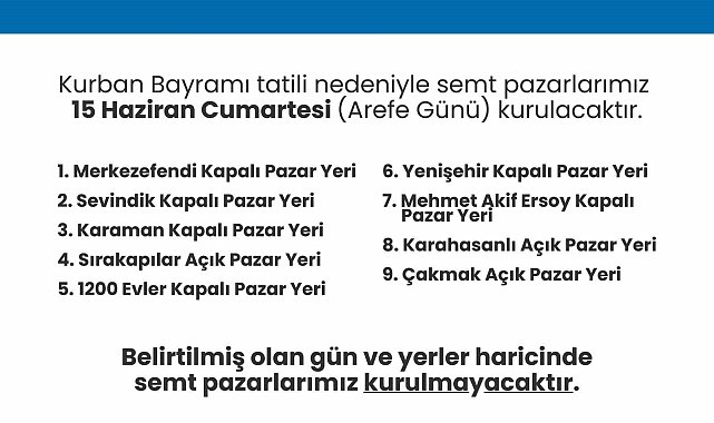 Merkezefendi'de arife günü 9 noktada semt pazarları kurulacak