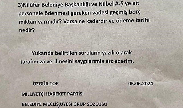 MHP'den Nilüfer Belediyesi'ne 3 soruluk önerge