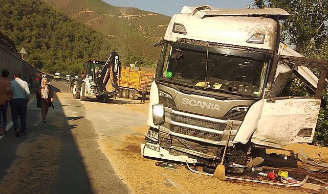 Bilecik'te buğday yüklü tır 3 metre yükseklikten alt yola devrildi