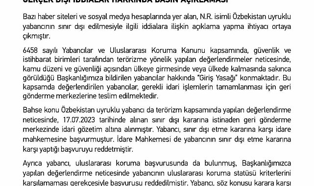 Göç İdaresi Başkanlığı: "Özbekistan uyruklu N.R. sınır dışı edildi"