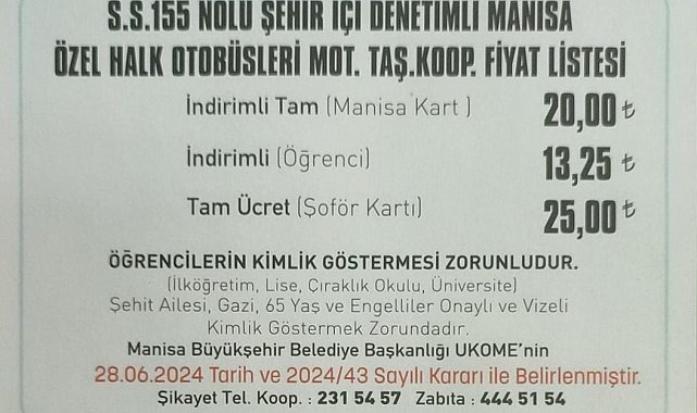 Manisa'da toplu taşıma zamlandı