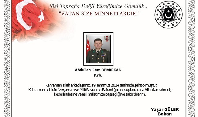 Milli Savunma Bakanlığı, Pençe-Kilit operasyonu bölgesinde yaralanan Yarbay Abdullah Cem Demirkan'ın tedavi gördüğü hastanede şehit olduğunu açıkladı.