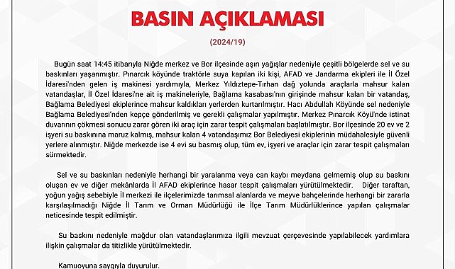 Niğde Valiliğinden "sel" açıklaması