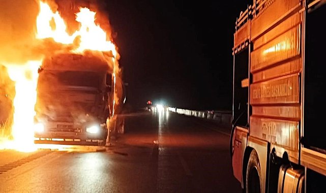 Seyir halindeki tır alevlere teslim oldu