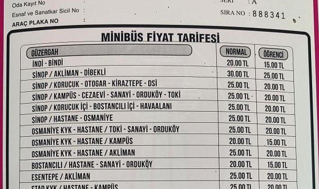 Sinop'ta toplu taşımaya zam