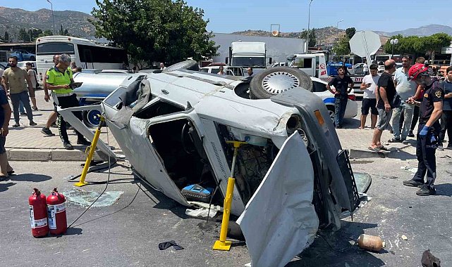 Söke'deki kazada otomobil yan yattı, polis tırın peşinde