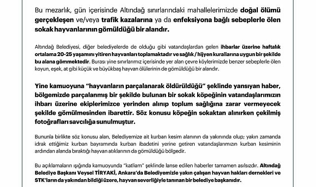 Altındağ Belediyesi: "Söz konusu alan vatandaşlarımızın kurban kesiminin ardından alanda biriktirdikleri hayvan atıklarının da gömüldüğü bölgedir"