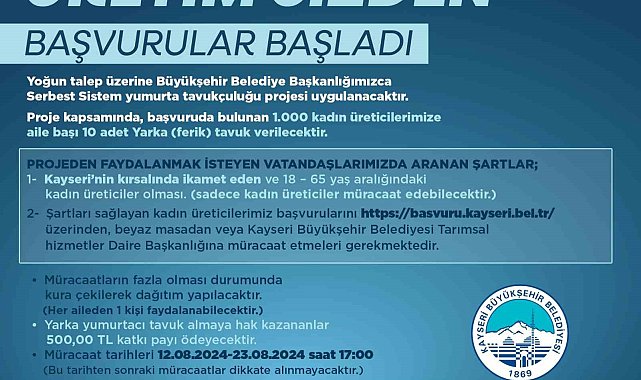 Büyükşehir'in Serbest Sistem Yumurta Tavukçuluğu Projesi'ne müracaatlar başladı