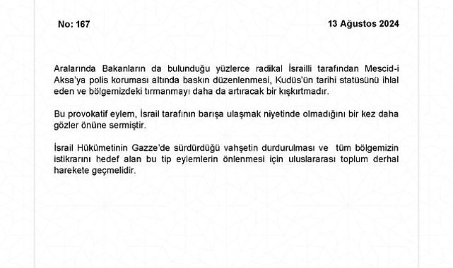 Dışişleri Bakanlığı: "Mescid-i Aksa'ya baskın düzenlenmesi tırmanmayı daha da artıracak bir kışkırtmadır"