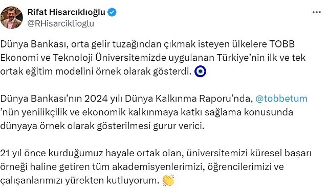 Dünya Bankası, orta gelir tuzağından çıkmak isteyen ülkelere TOBB Ekonomi ve Teknoloji Üniversitesi'nin eğitim modelini örnek olarak gösterdi