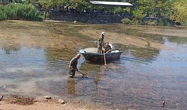 Gölbaşı'nda göl yüzeyinde temizlik yapıyor