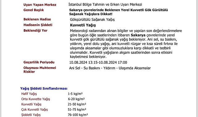 Sakarya Valiliği sağanağa karşı uyardı