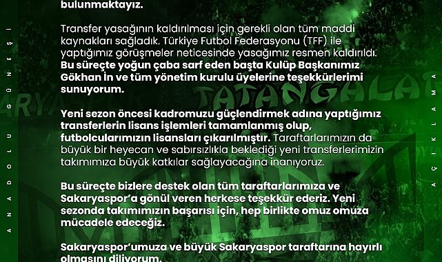 Sakaryaspor'un transfer yasağı resmen kalktı