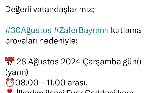 Samsun'da 30 Ağustos provaları nedeniyle bazı yollar trafiğe kapalı olacak