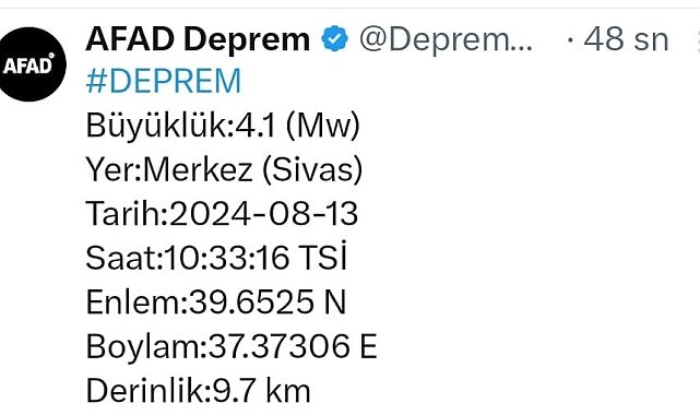 Sivas'ta 4.1 büyüklüğünde deprem