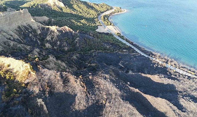 Tarihi Gelibolu Yarımadası'ndaki yangında alevlerden etkilenen Anzak Koyu dron ile görüntülendi