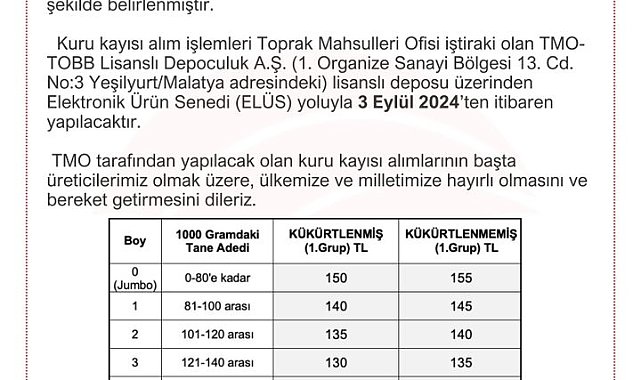 Toprak Mahsulleri Ofisi, 3 Eylül'den itibaren kuru kayısı alımı yapacak