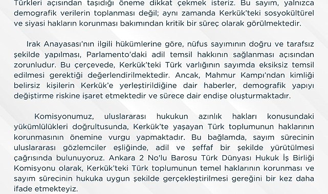 Ankara 2 No&#039;lu Barosu&#039;ndan Kerkük&#039;te yapılacak nüfus sayımına ilişkin açıklama