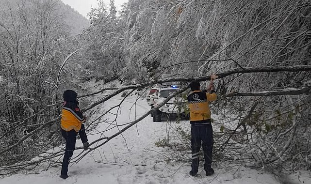 Kar sebebiyle mahsur kalan hasta paletli ambulansla hastaneye ulaştırıldı