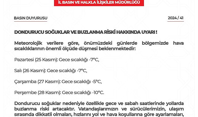 Niğde Valiliği'nden Buzlanma Uyarısı