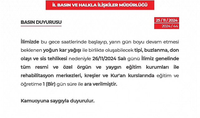 Niğde'de eğitime 1 gün daha ara verildi