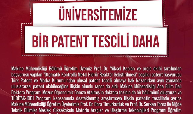 NÖHÜ'ye bir ulusal patent tescili daha