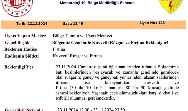 Samsun'da fırtına uyarısı