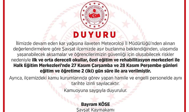Şavşat'ta eğitime kar tatili: 2 gün ara verildi
