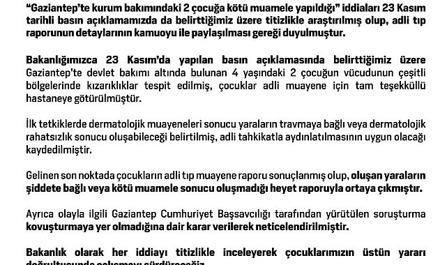 Bakanlıktan kurum bakımındaki 2 çocuğa kötü muamelede bulunulduğu iddialarına ilişkin açıklama