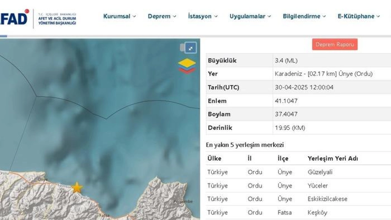 Ordu’da 3.4 büyüklüğünde deprem