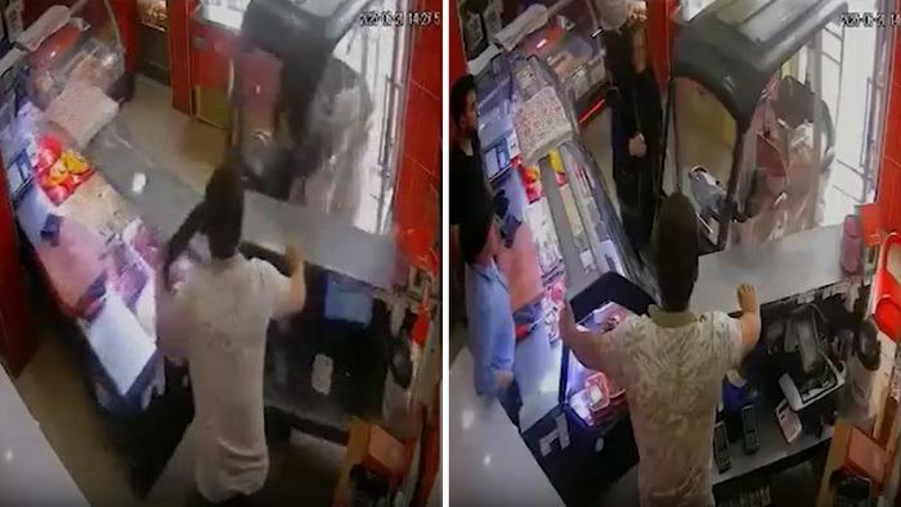 Elektrikli bisikletiyle kasap dükkanına daldı! O anlar kamerada
