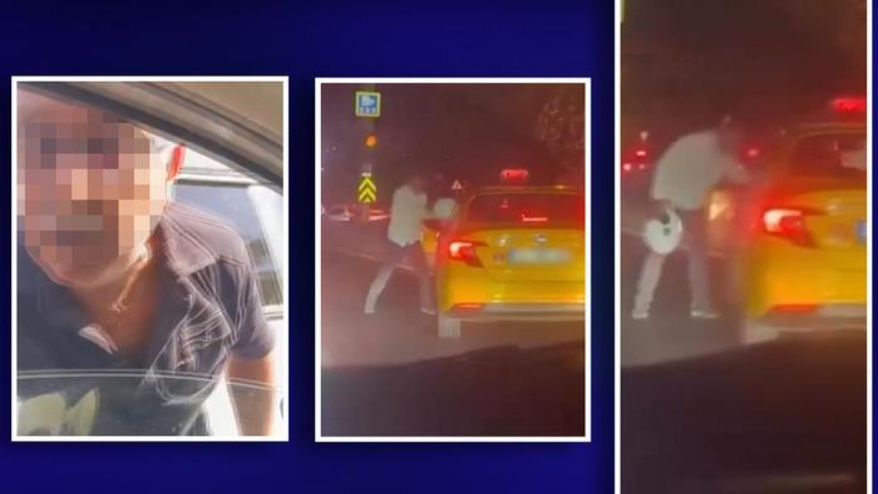 Biri otomobili yumrukladı, diğeri kaskla taksinin camını kırmaya çalıştı! İstanbul trafiğinde 'Yol verme' kavgaları kamerada...