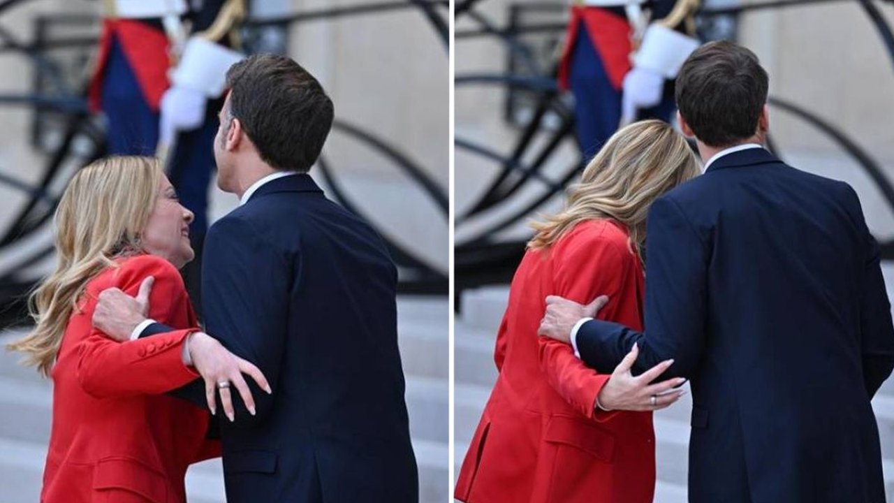 Fransa'da First Lady’yi çileden çıkaracak samimiyet, Macron Meloni'yi öperek karşıladı