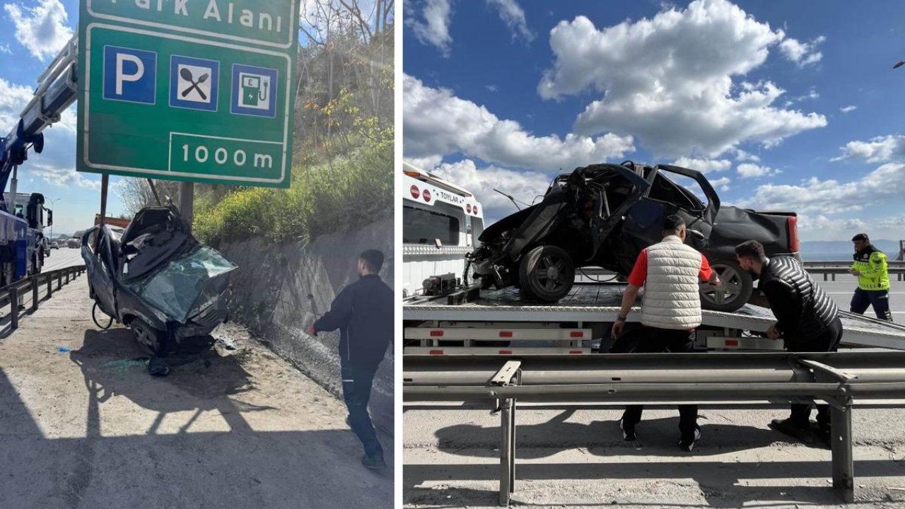 TEM’de yön levhasına saplanan araç bu hale geldi: Sürücüsü yaralı kurtuldu